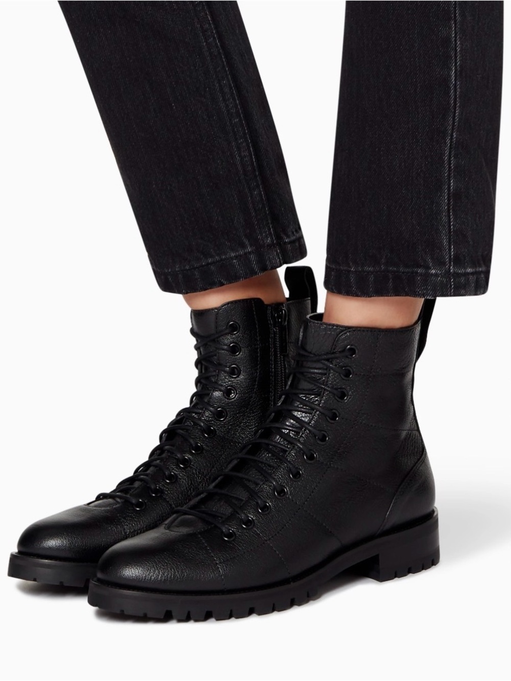 Jimmy Choo Black Pebbled Leather Lace-Up Combat Boots